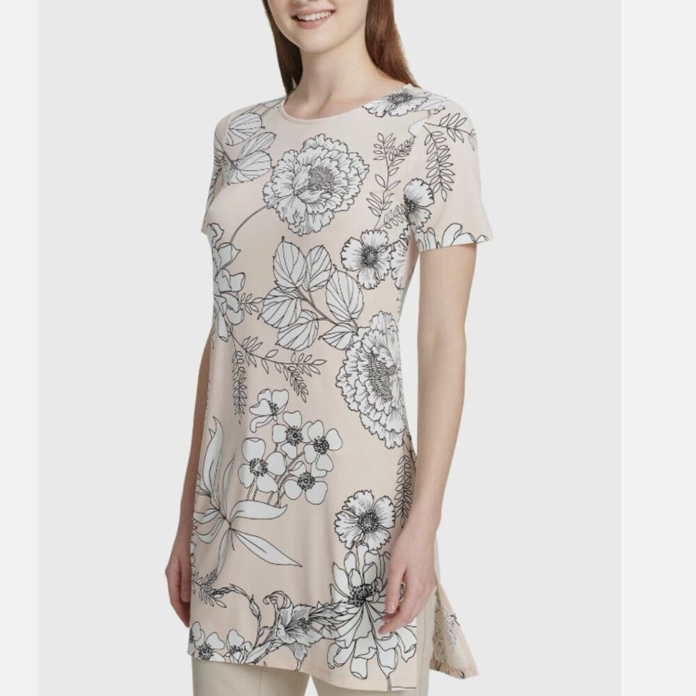 Calvin Klein Tunic size 3X Light Pink Floral Stretch Knit Side Slit Short Sleeve